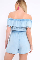 Blue Denim Look Bardot Pom Pom Trim Playsuit - Aalani-Playsuits