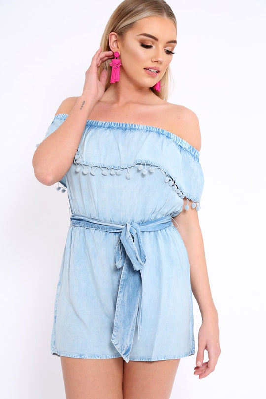 Blue Denim Look Bardot Pom Pom Trim Playsuit - Aalani