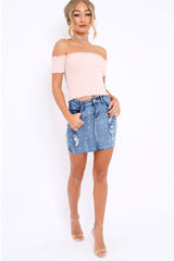 Blue Denim Pearl Distressed Mini Skirt - Nicol-Skirts