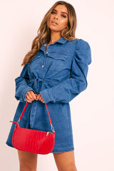 Blue Denim Puff Sleeve Belted Shirt Dress - Feyza-Dresses