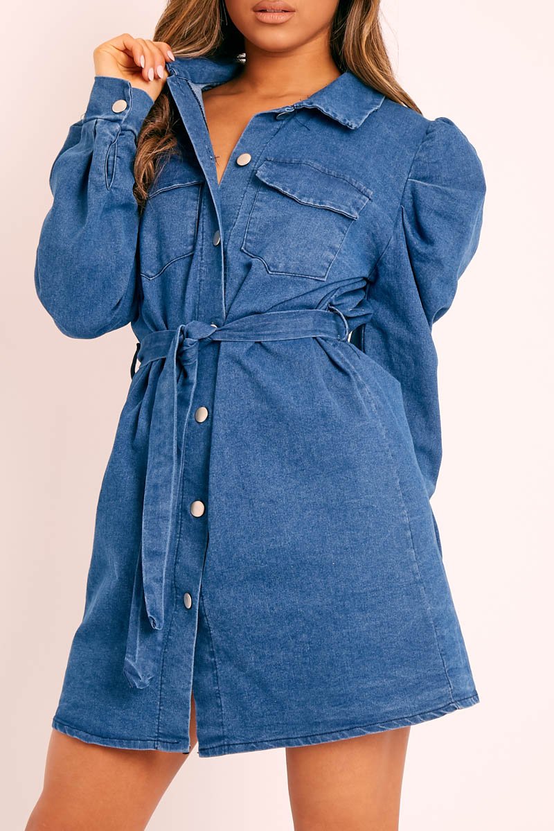 Blue Denim Puff Sleeve Belted Shirt Dress - Feyza-Dresses