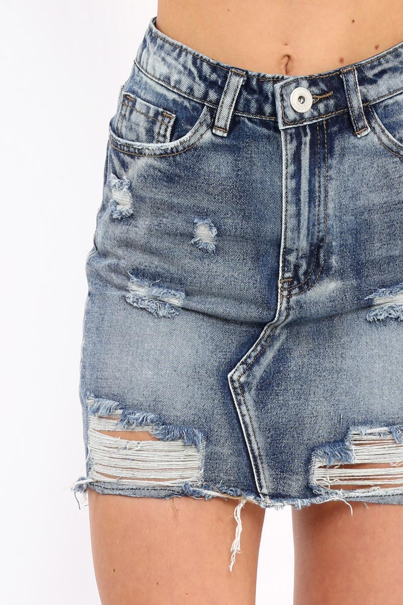 Blue Denim Rip Mini Skirt - Selenia-Skirts