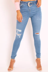 Blue Denim Ripped Buckle Belted Skinny Jeans - Suzie-Jeans
