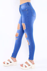 Blue Denim Ripped High Waist Skinny Jeans - Emlynn-Jeans