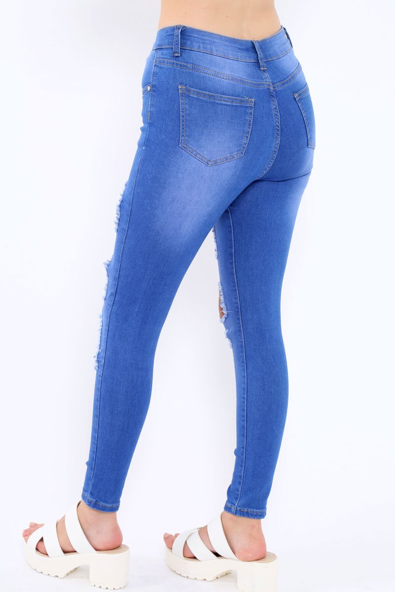 Blue Denim Ripped High Waist Skinny Jeans - Emlynn-Jeans