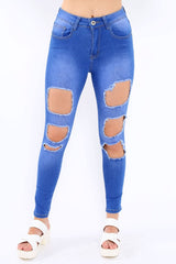 Blue Denim Ripped High Waist Skinny Jeans - Emlynn-Jeans