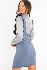 Blue Denim Ruffle Front Pinafore Dress - Elya-Dresses