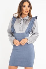 Blue Denim Ruffle Front Pinafore Dress - Elya-Dresses