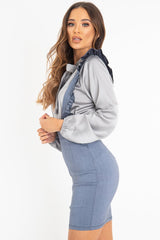 Blue Denim Ruffle Front Pinafore Dress - Elya-Dresses