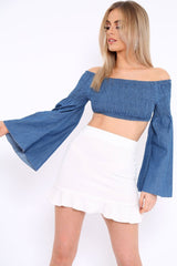 Blue Denim Shirred Flare Sleeve Crop Top - Stazie-Crop Tops