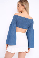 Blue Denim Shirred Flare Sleeve Crop Top - Stazie-Crop Tops