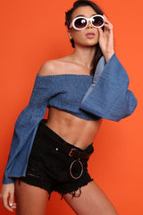 Blue Denim Shirred Flare Sleeve Crop Top - Stazie-Crop Tops