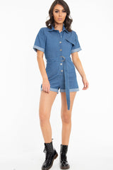 Blue Denim Short Sleeve Belted Playsuit - Avira-Playsuits