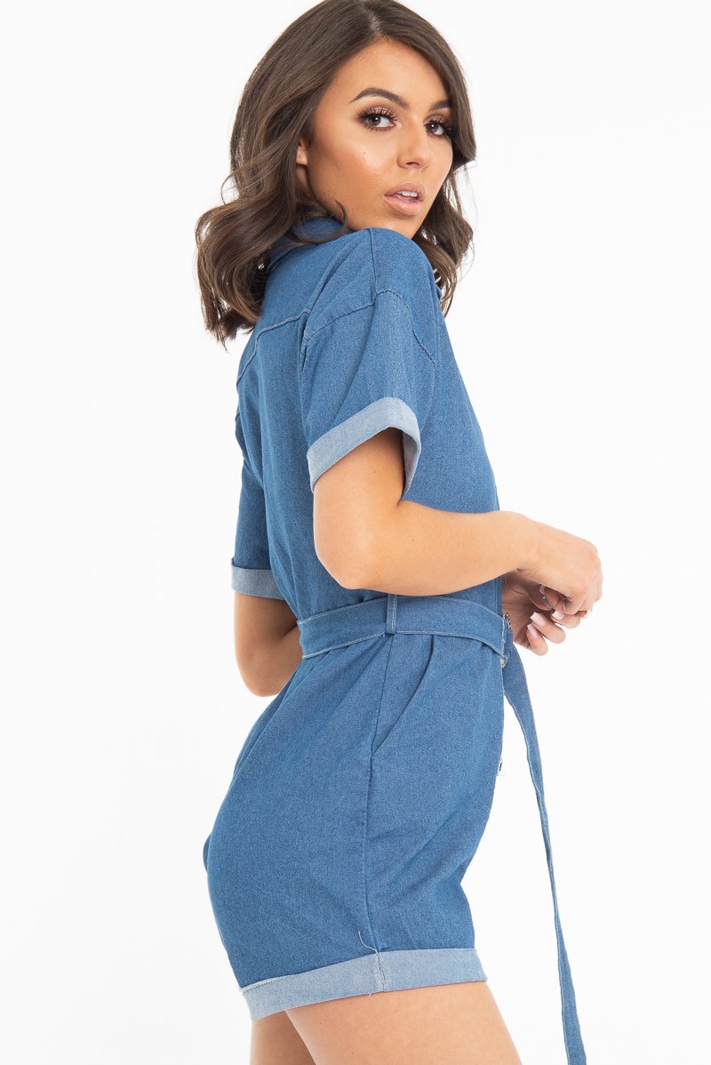 Blue Denim Short Sleeve Belted Playsuit - Avira-Playsuits