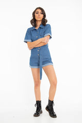 Blue Denim Short Sleeve Belted Playsuit - Avira-Playsuits