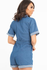 Blue Denim Short Sleeve Belted Playsuit - Avira-Playsuits