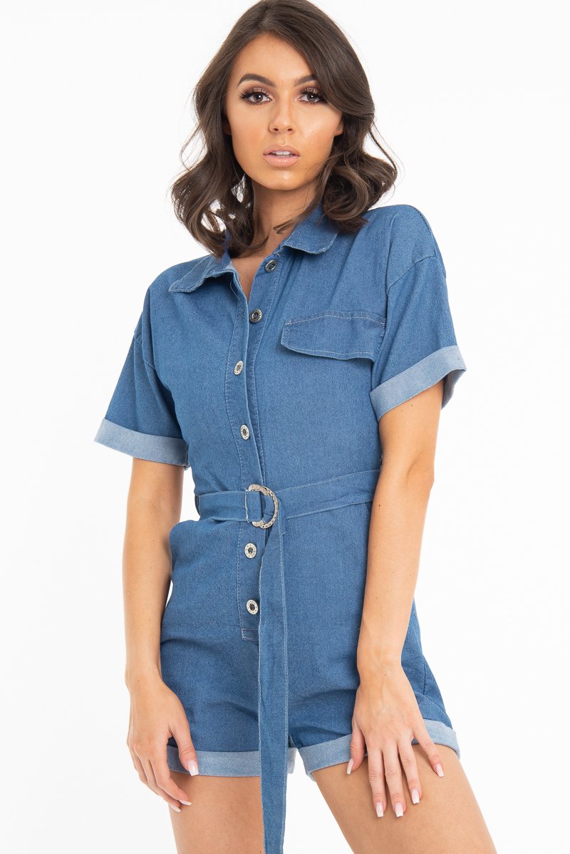 Blue Denim Short Sleeve Belted Playsuit - Avira-Playsuits
