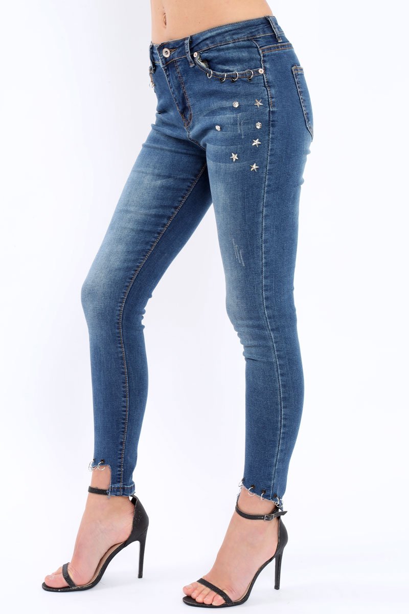Blue Denim Skinny Jeans with Frayed Eyelet Hems - Dani-Jeans