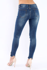 Blue Denim Skinny Jeans with Frayed Eyelet Hems - Dani-Jeans