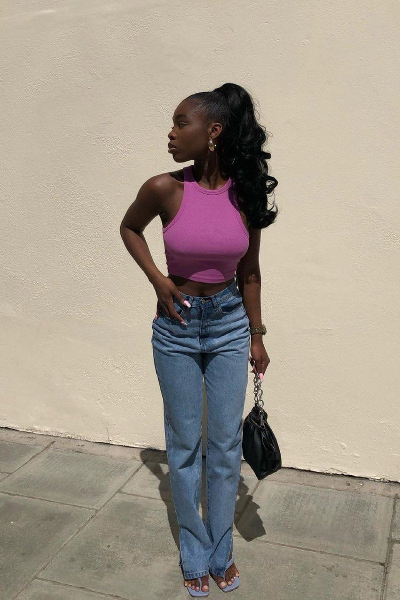 Blue Denim Straight Leg Side Split Jeans - Tashi-Jeans