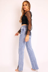 Blue Denim Straight Leg Side Split Jeans - Tashi-Jeans