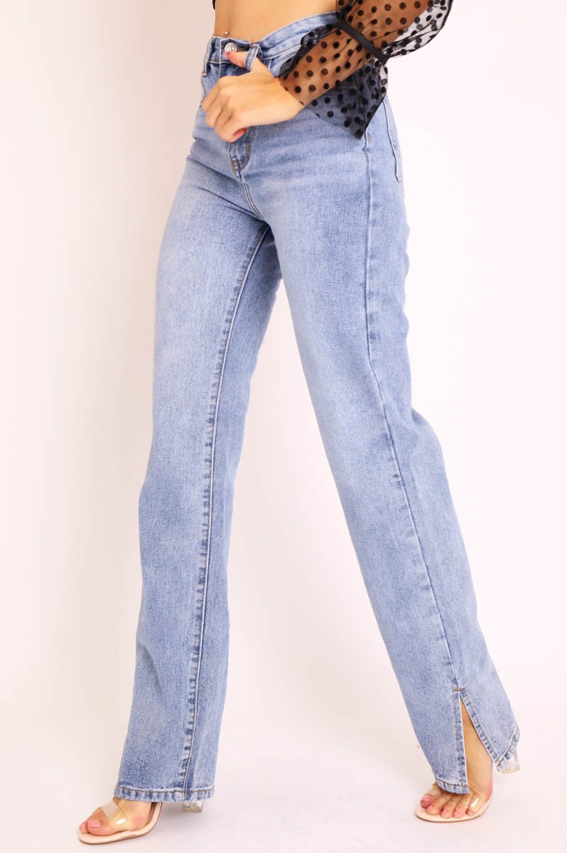 Blue Denim Straight Leg Side Split Jeans - Tashi-Jeans