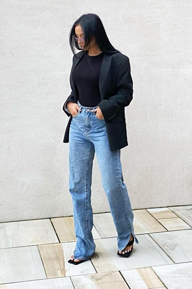 Blue Denim Straight Leg Side Split Jeans - Tashi-Jeans