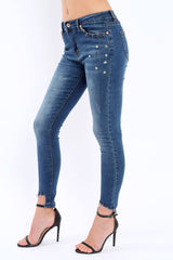 Blue Denim Stud And Eyelet Ring Dip Hem Skinny Jeans - Lesha-Jeans