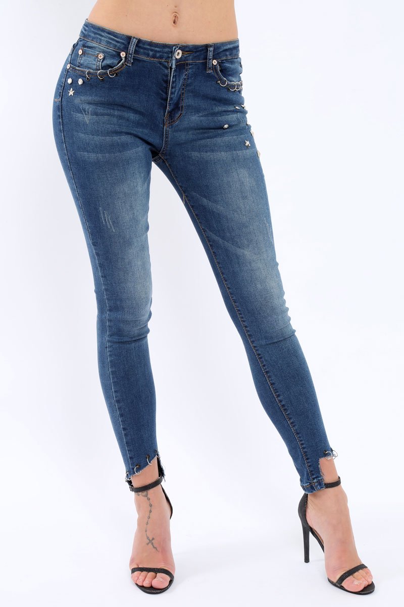 Blue Denim Stud And Eyelet Ring Dip Hem Skinny Jeans - Lesha-Jeans