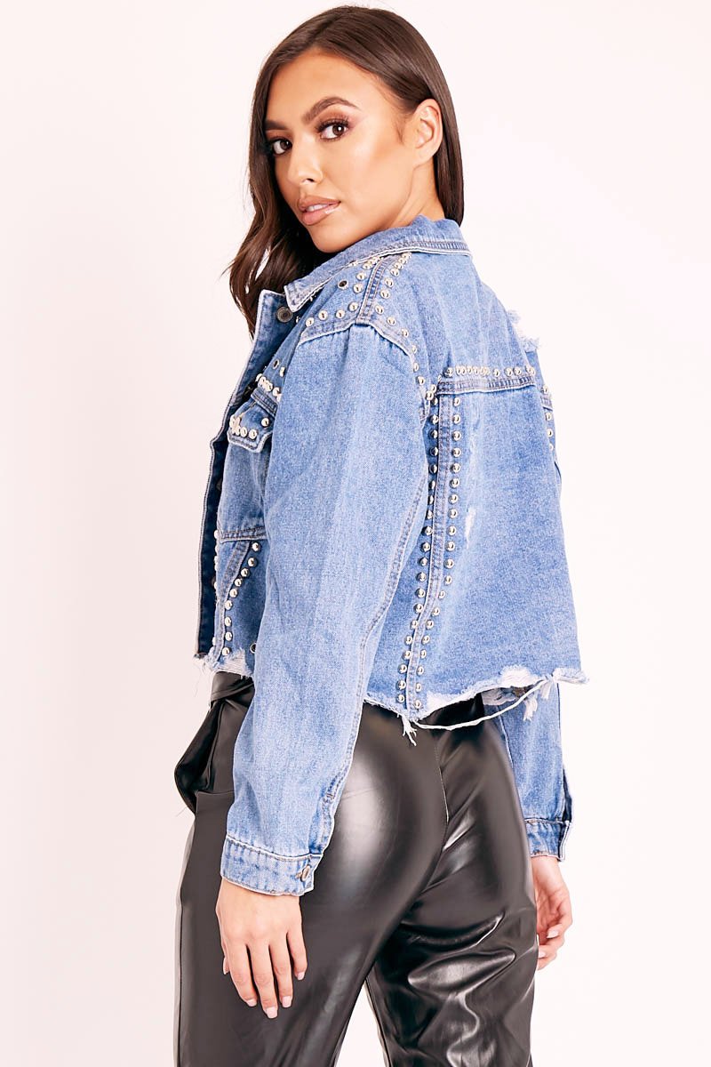 Blue Denim Studded Cropped Jacket - Gwenna-Jackets