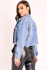Blue Denim Studded Cropped Jacket - Gwenna-Jackets