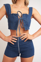 Blue Denim Tie Front Crop Top Frayed Waist Shorts Co-ord - Bria-Co-ords