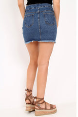 Blue Denim Zip Frayed Hem Mini Skirt - Aaliah-Skirts