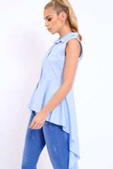 Blue Dip Hem Sleeveless Shirt - Kiannah-Tops