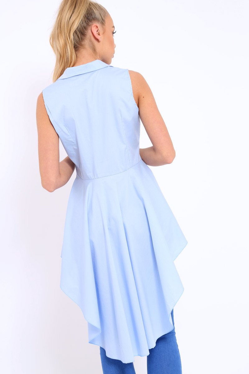 Blue Dip Hem Sleeveless Shirt - Kiannah-Tops