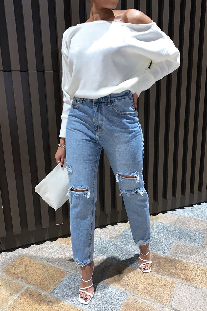 Blue Distressed Ankle Denim Mom Jeans - Bobbi-Jeans