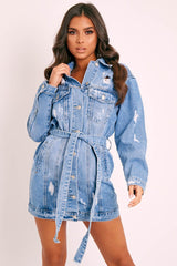 Blue Distressed Belted Denim Shirt Dress - Whitney-Dresses