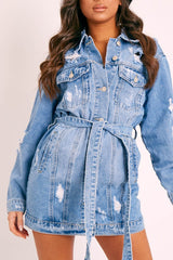 Blue Distressed Belted Denim Shirt Dress - Whitney-Dresses