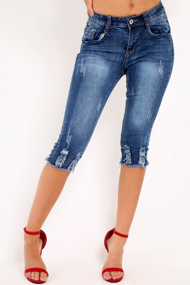 Blue Distressed Cropped Leg Shorts - Cora-Shorts
