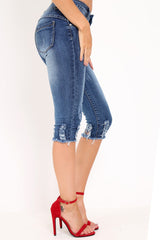 Blue Distressed Cropped Leg Shorts - Cora-Shorts