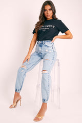 Blue Distressed Cuffed Ankle Jeans - Viola-Jeans