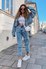 Blue Distressed Cuffed Ankle Jeans - Viola-Jeans