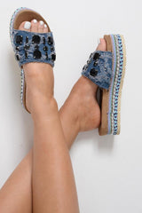 Blue Distressed Denim Embellished Platform Sliders - Milee-Sliders
