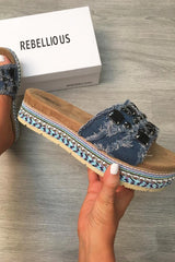 Blue Distressed Denim Embellished Platform Sliders - Milee-Sliders