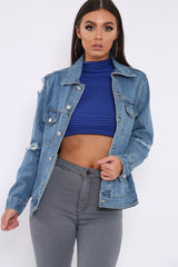 Blue Distressed Denim Jacket - Friya-Jackets