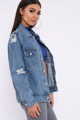 Blue Distressed Denim Jacket - Friya-Jackets