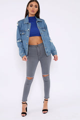 Blue Distressed Denim Jacket - Friya-Jackets