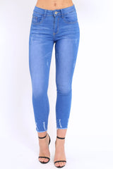Blue Distressed Detail Raw Hem Skinny Jeans - Celeste-Jeans