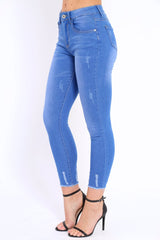 Blue Distressed Detail Raw Hem Skinny Jeans - Celeste-Jeans