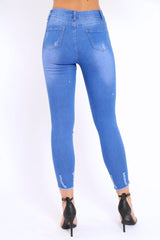 Blue Distressed Detail Raw Hem Skinny Jeans - Celeste-Jeans